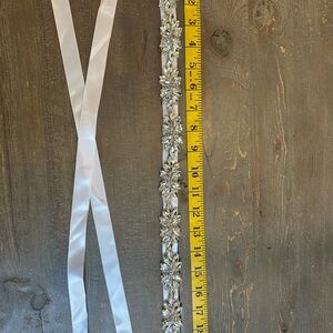 Elegant Silver Beaded Sash with White Ribbon